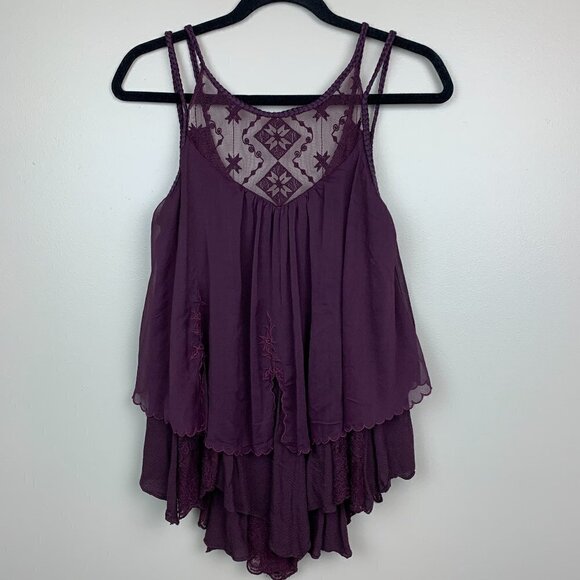 Free People Lace & Mesh Flowy and Layered Burgundy Tank Top Size Small - Picture 1 of 6